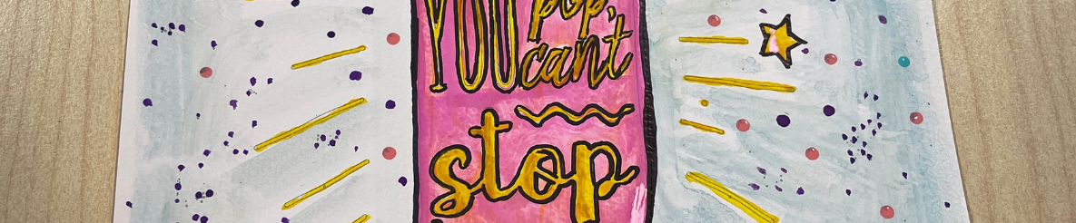 Pink ice cream popsicle with text on a light blue background with stars and dots.