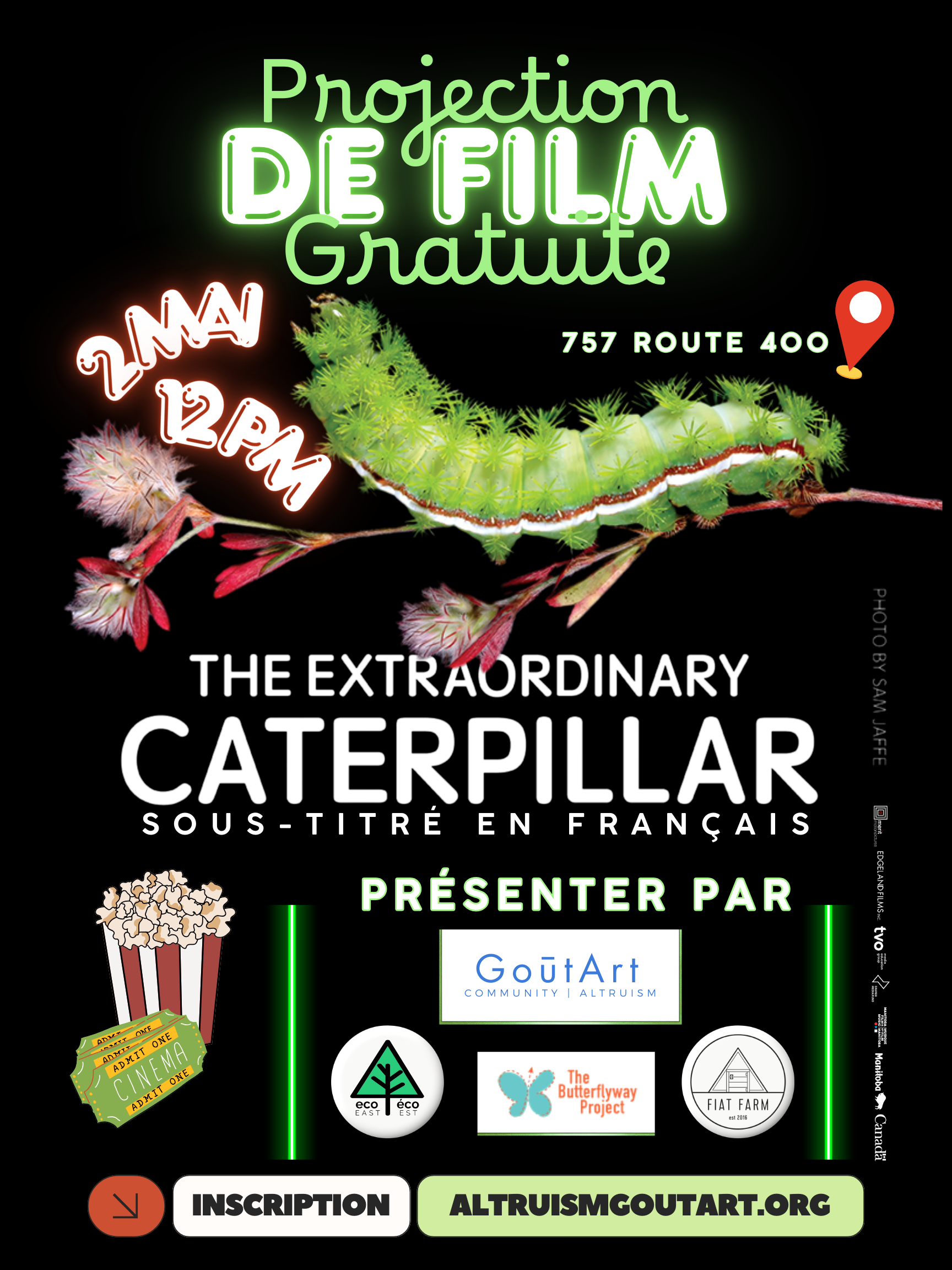 Promotional poster for a free film projection featuring a caterpillar on a black background.