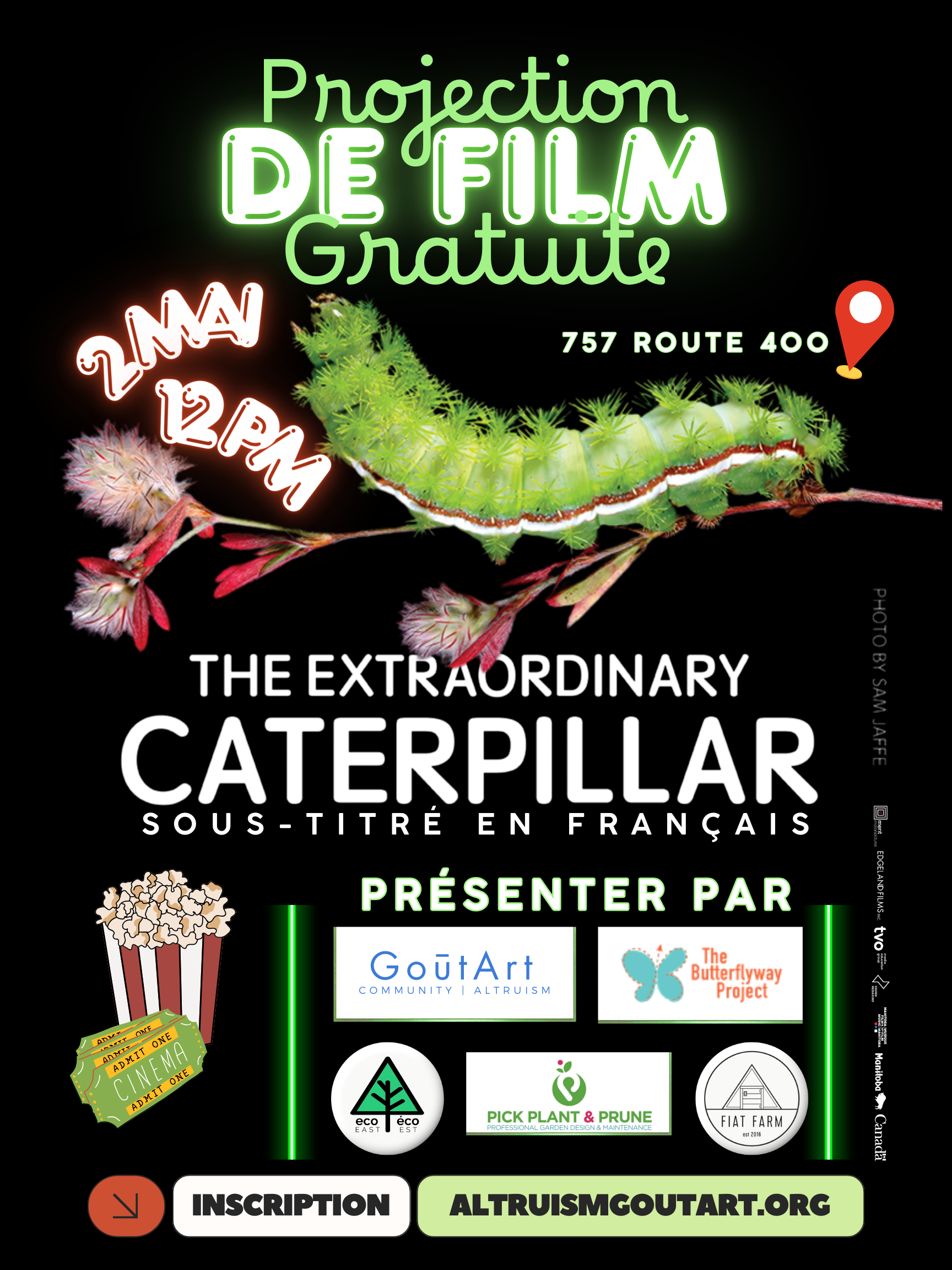 Promotional poster for a free film projection featuring a caterpillar on a black background with event details.