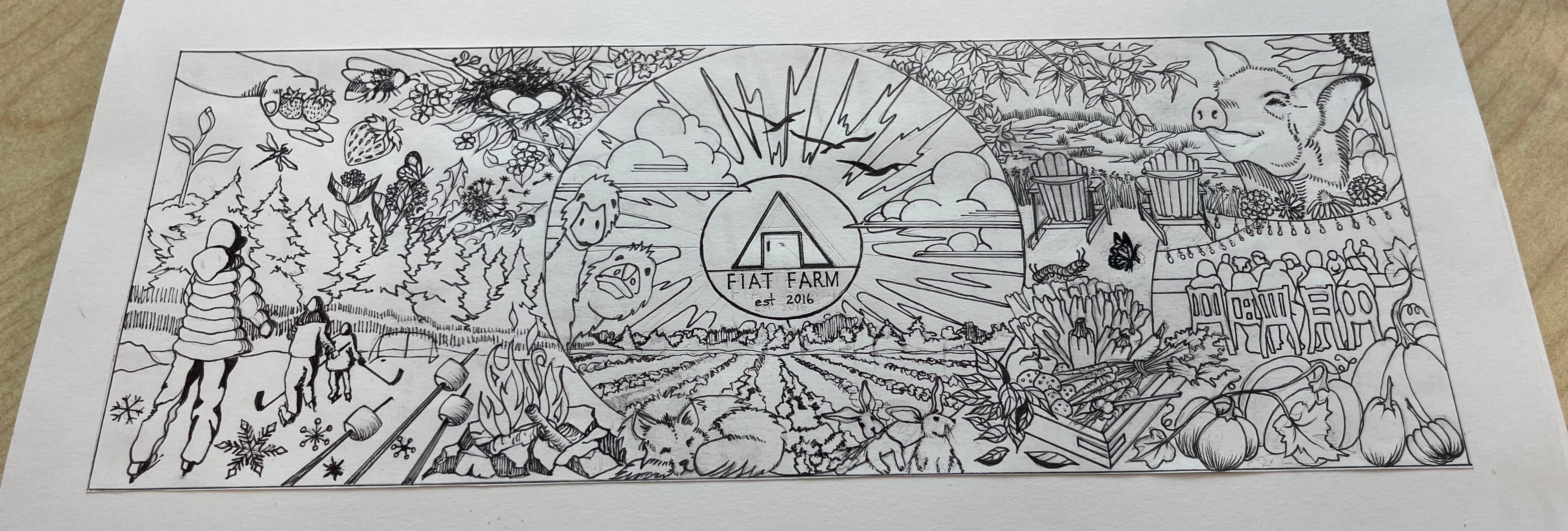 Spiral-bound notebook with a detailed black and white illustration on a plain background